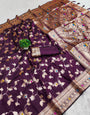 Alluring Wine Pure Zari Weaving Banarasi Silk Saree With Adorning Blouse Piece