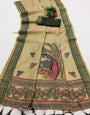 Breathtaking Mehndi Pure Munga Cotton Silk Saree With Gossamer Blouse Piece