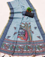 Stylish Sky Pure Munga Cotton Silk Saree With Conflate Blouse Piece