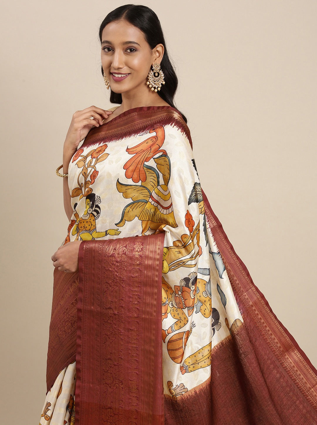 Impressive Beige Kalamkari Printed Saree With Adorning Blouse Piece