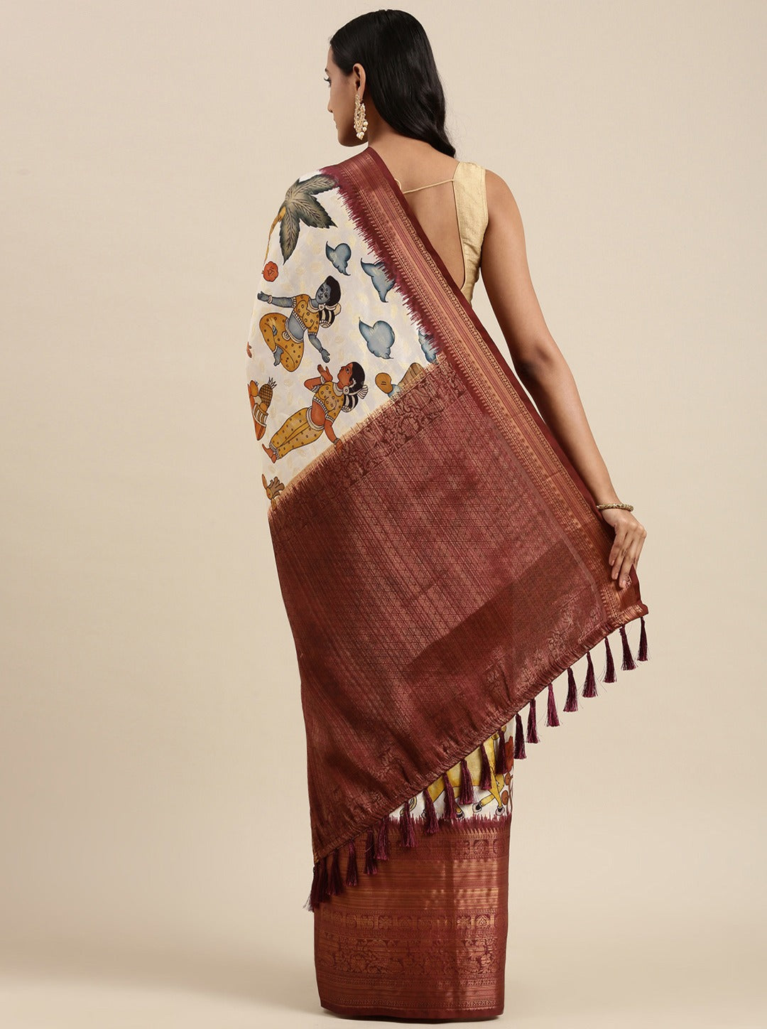 Impressive Beige Kalamkari Printed Saree With Adorning Blouse Piece