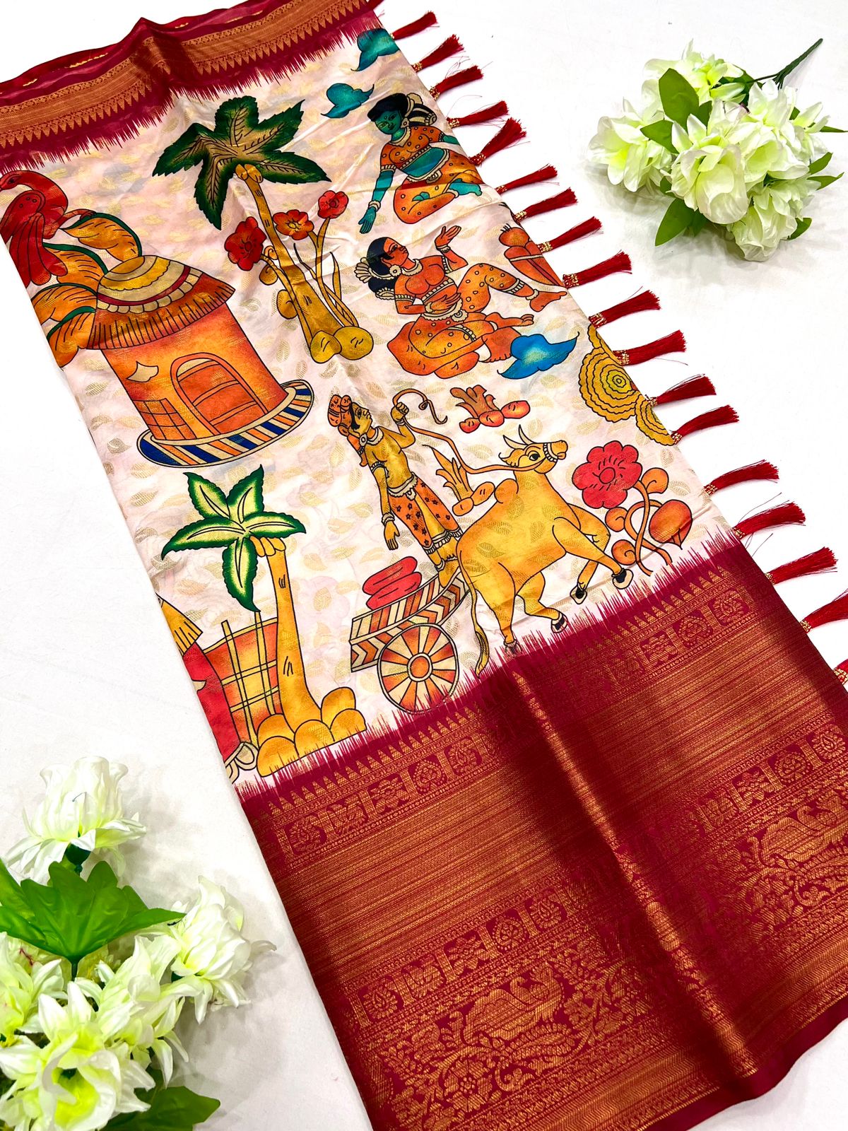 Impressive Beige Kalamkari Printed Saree With Adorning Blouse Piece