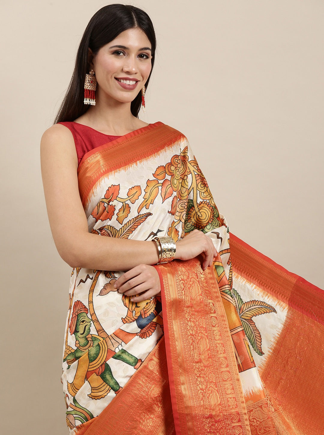 Demanding Beige Kalamkari Printed Saree With Skinny Blouse Piece