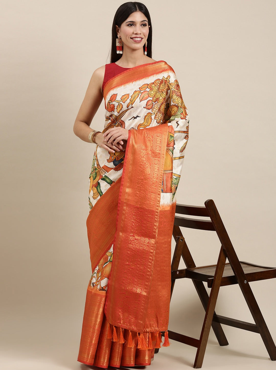 Demanding Beige Kalamkari Printed Saree With Skinny Blouse Piece