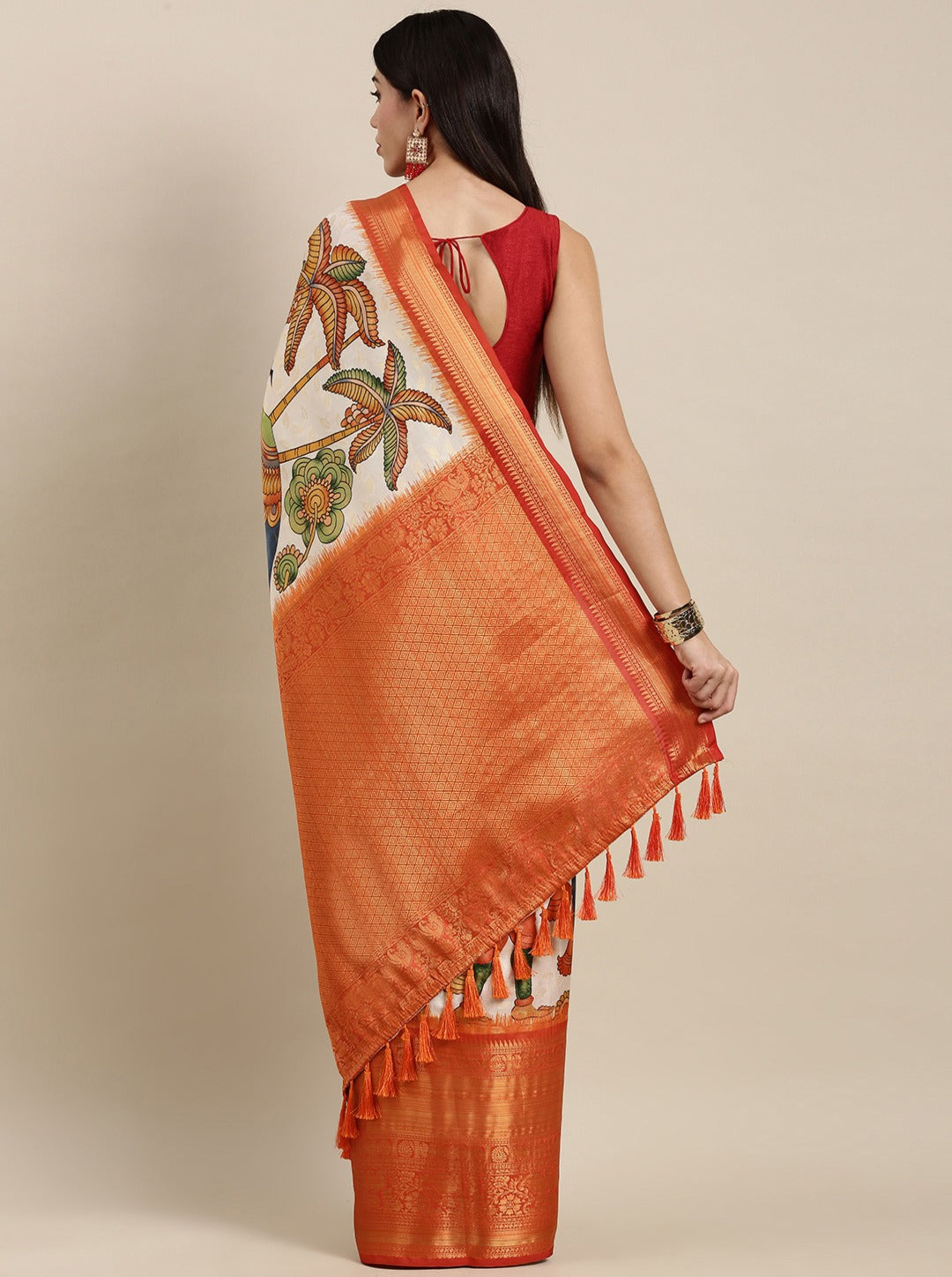 Demanding Beige Kalamkari Printed Saree With Skinny Blouse Piece