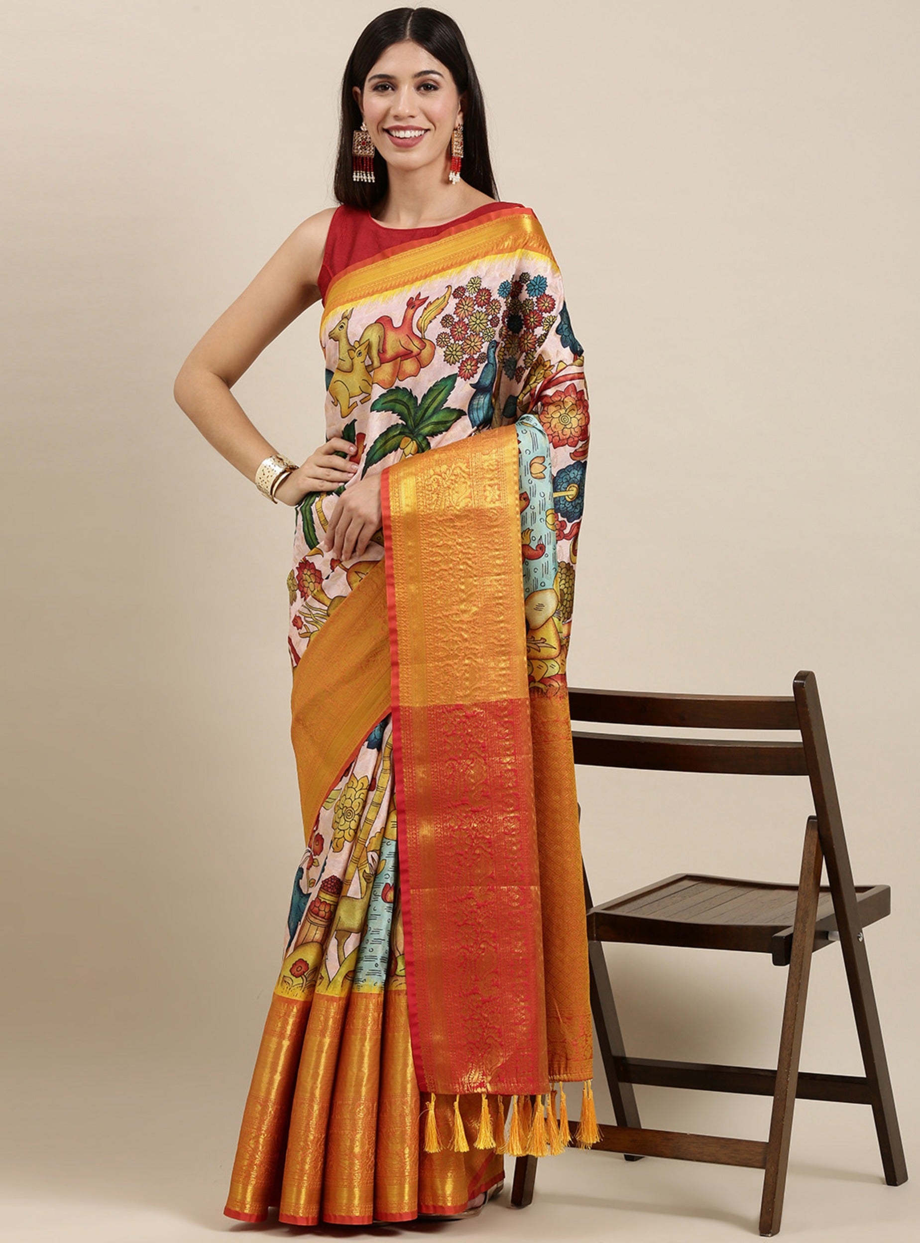 Girlish Beige Kalamkari Printed Saree With Stylish Blouse Piece