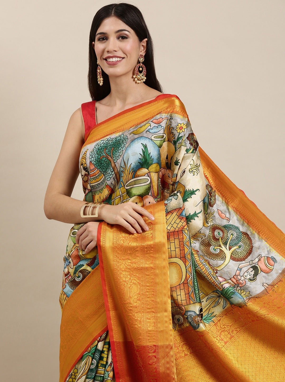 Beautiful Beige Kalamkari Printed Saree With Mesmerising Blouse Piece