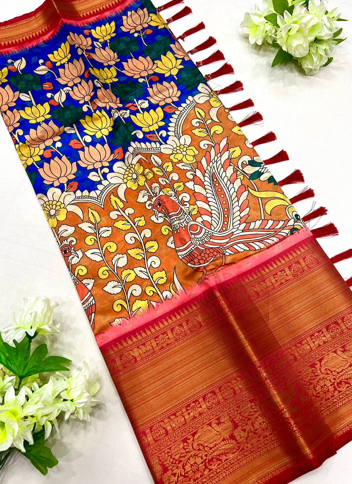 Eye-catching Beige Kalamkari Printed Saree With Wonderful Blouse Piece