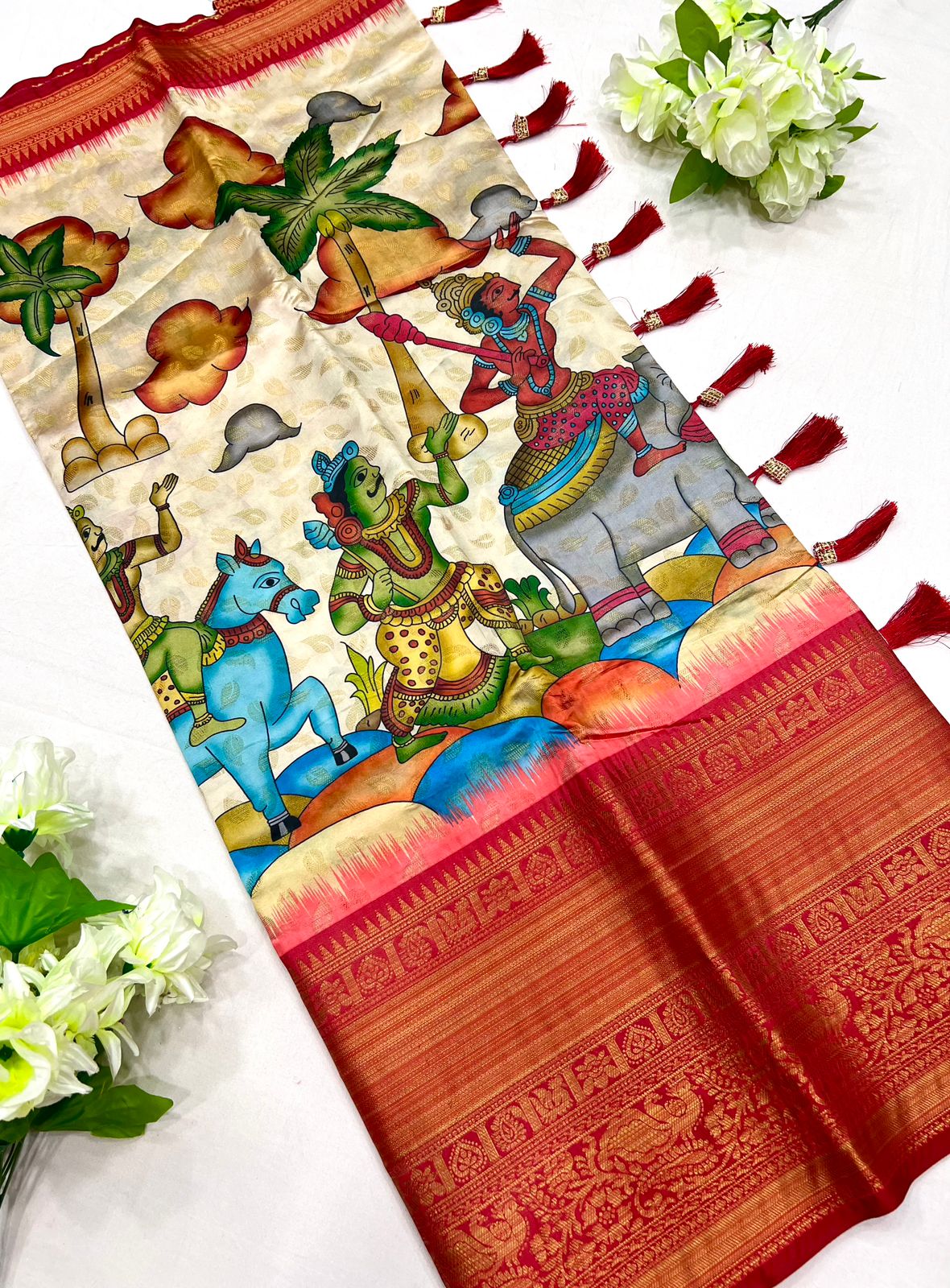 Glowing Beige Kalamkari Printed Saree With Alluring Blouse Piece