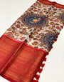 Phenomenal Beige Kalamkari Printed Saree With Attractive Blouse Piece