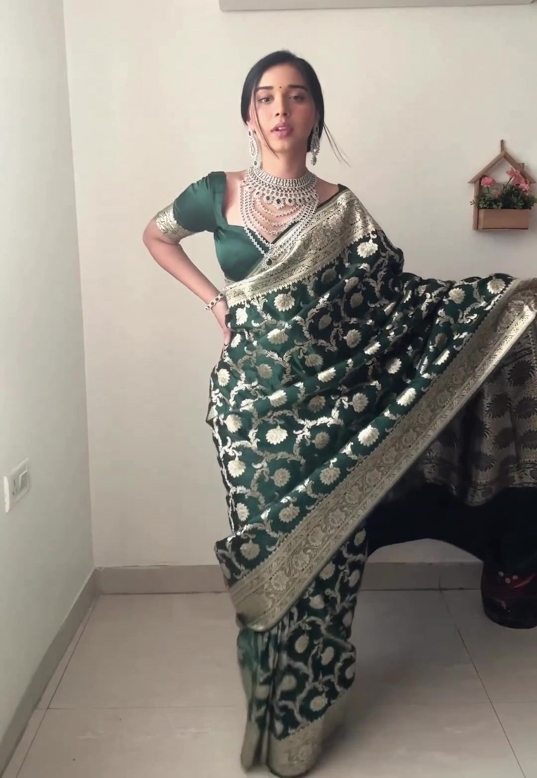 Ethereal 1-Minute Ready To Wear Green Soft Silk Saree