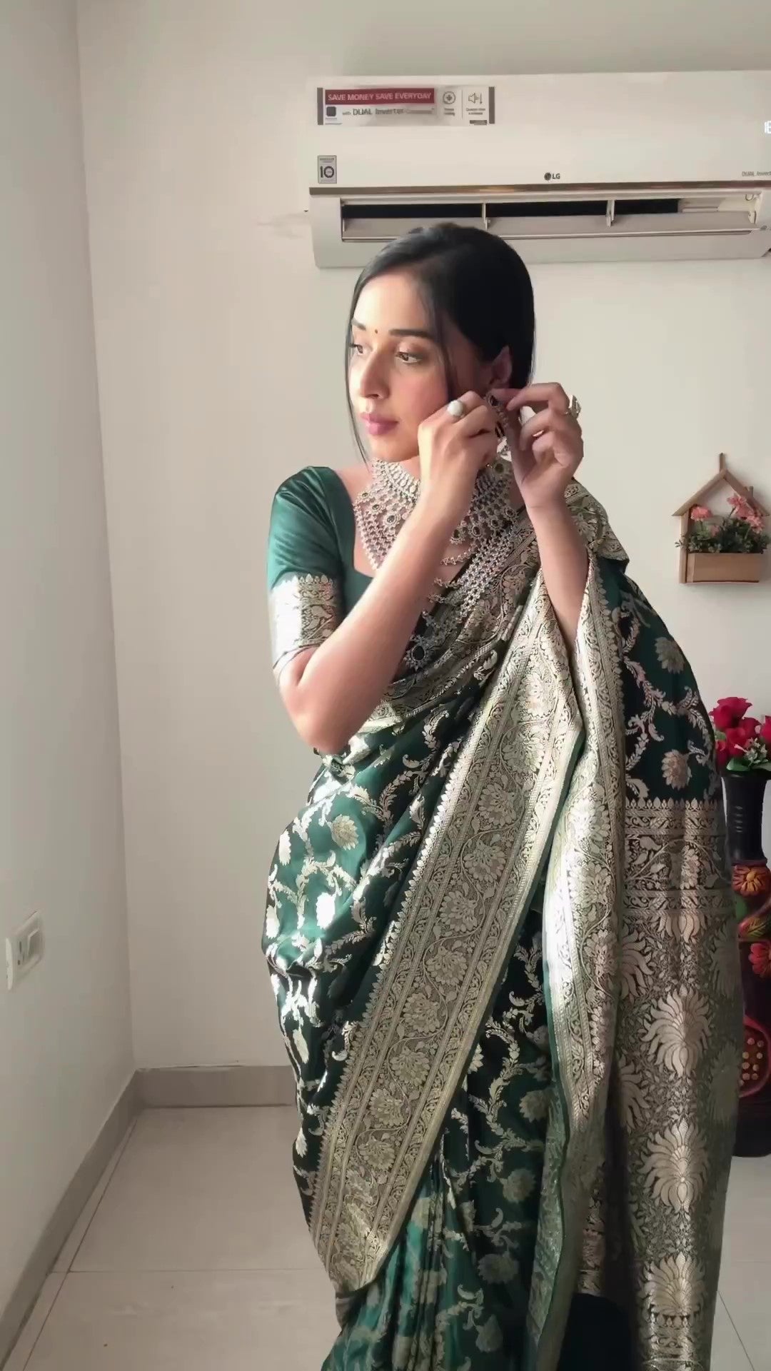 Ethereal 1-Minute Ready To Wear Green Soft Silk Saree