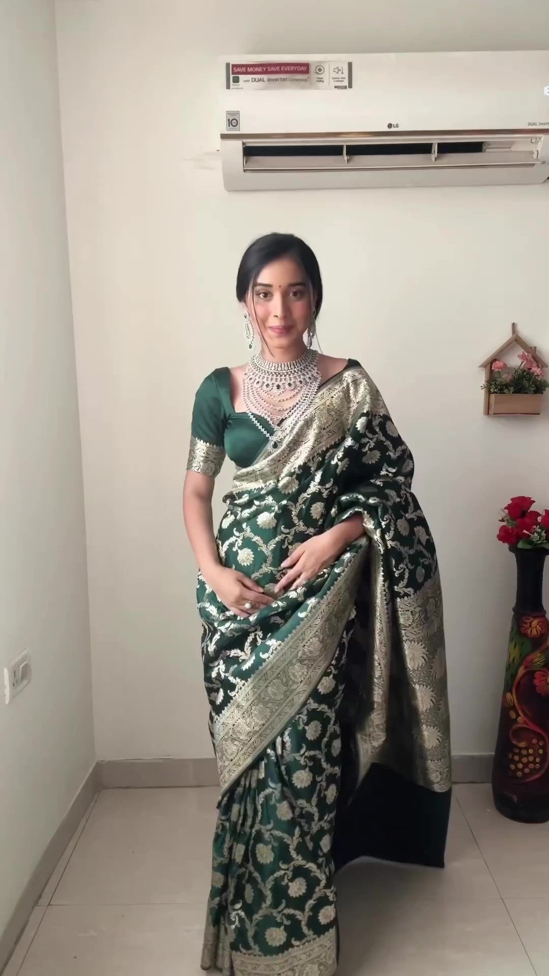 Ethereal 1-Minute Ready To Wear Green Soft Silk Saree