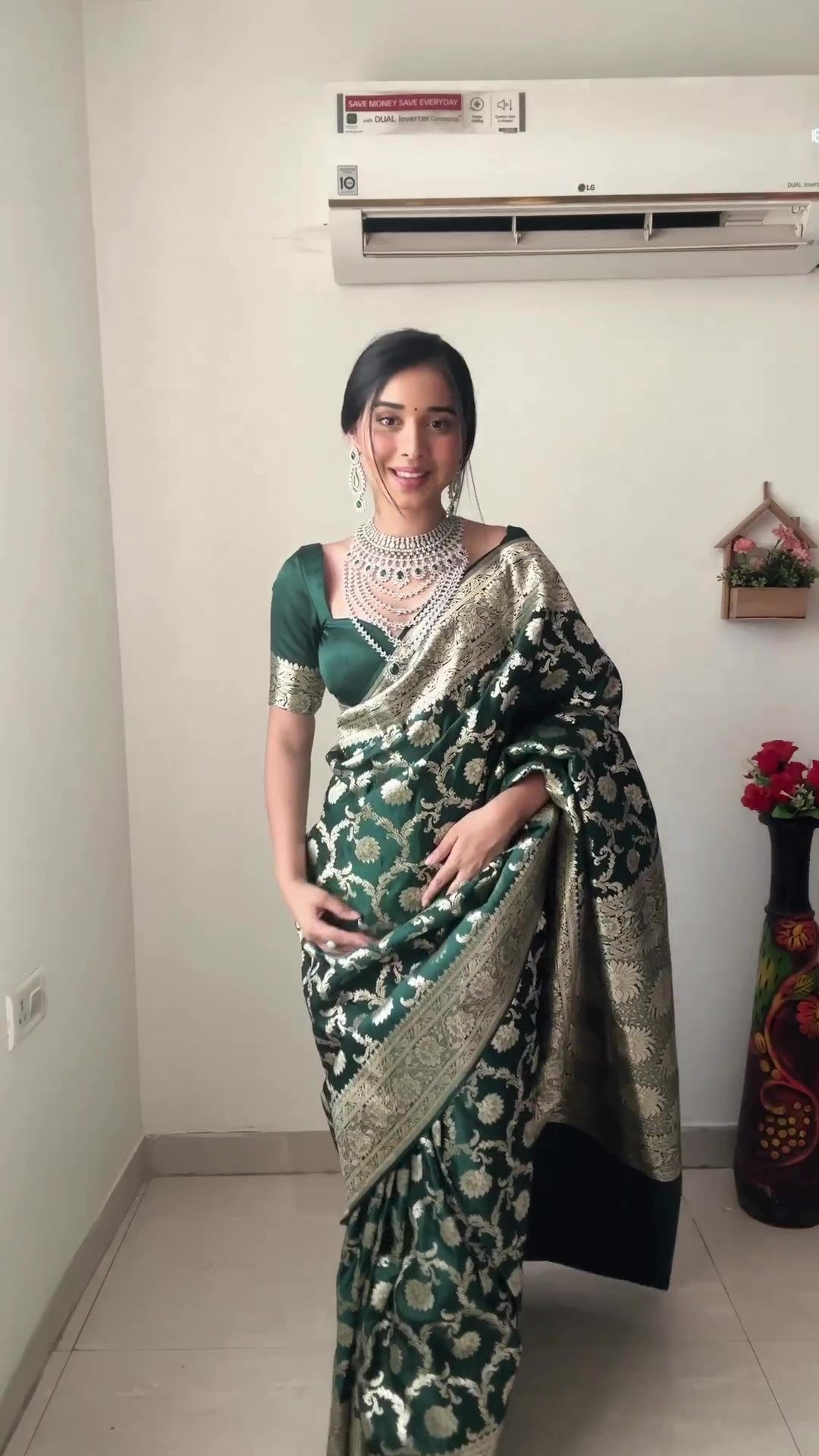 Ethereal 1-Minute Ready To Wear Green Soft Silk Saree