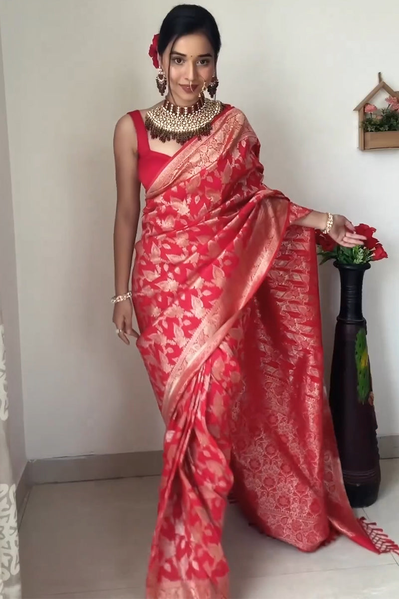 Tantalizing 1-Minute Ready To Wear Red Soft Silk Saree