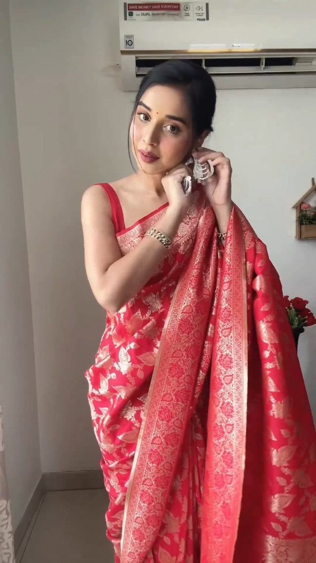 Tantalizing 1-Minute Ready To Wear Red Soft Silk Saree