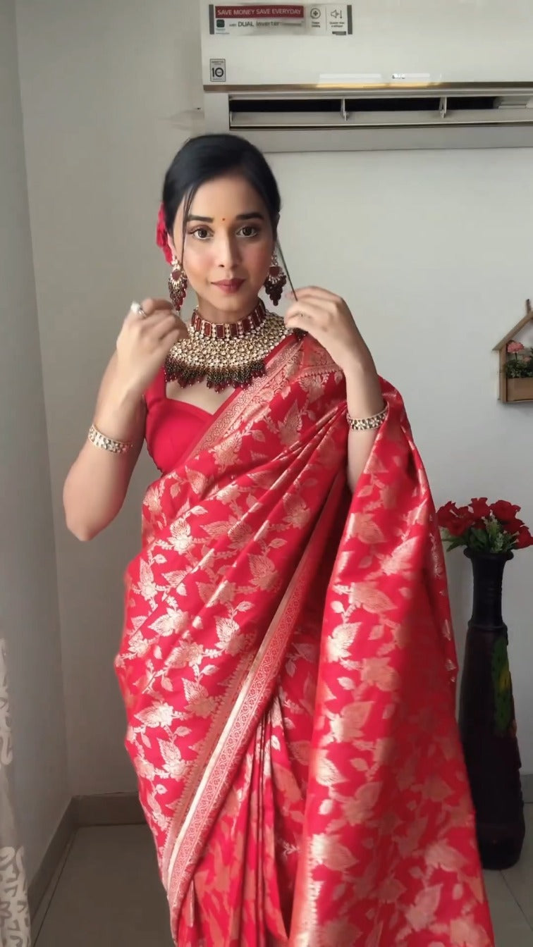 Tantalizing 1-Minute Ready To Wear Red Soft Silk Saree