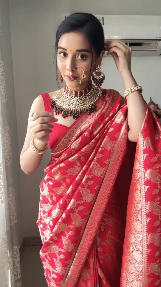 Tantalizing 1-Minute Ready To Wear Red Soft Silk Saree