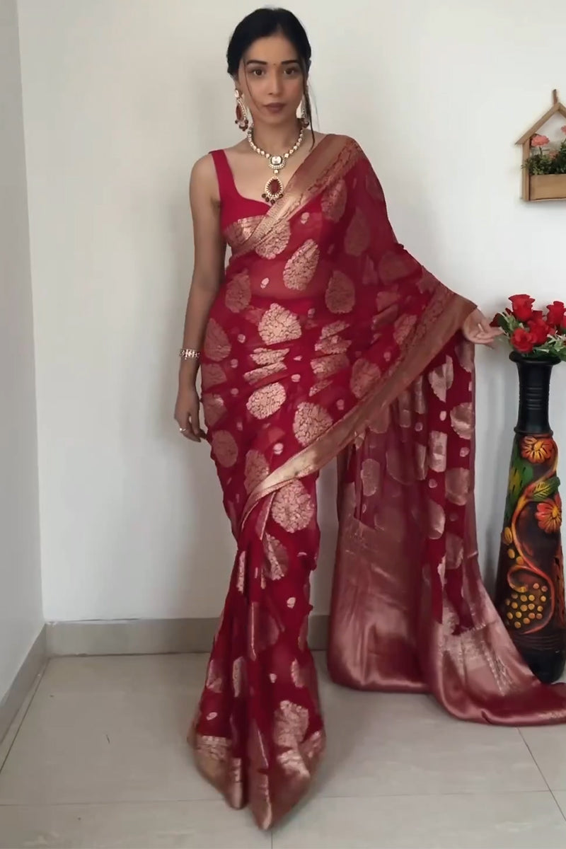 Mellifluous 1-Minute Ready To Wear Red Cotton Silk Saree