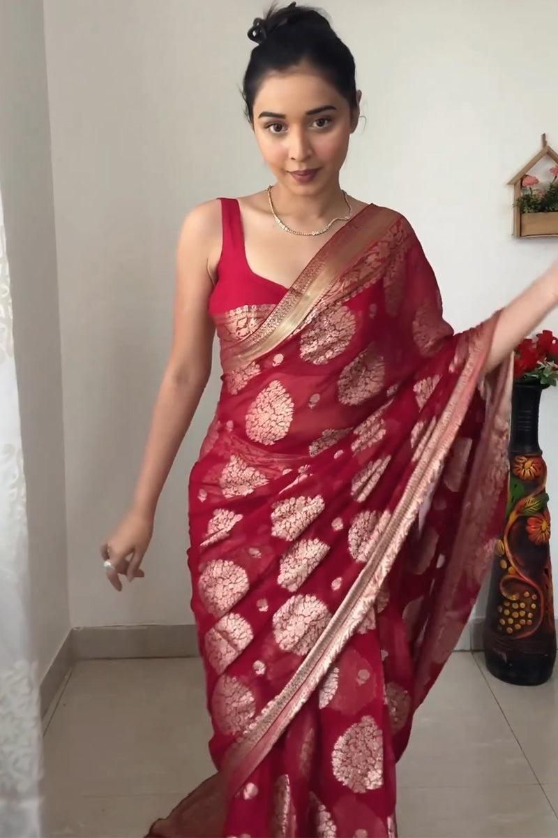 Mellifluous 1-Minute Ready To Wear Red Cotton Silk Saree