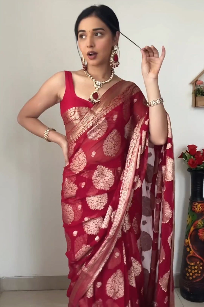 Mellifluous 1-Minute Ready To Wear Red Cotton Silk Saree