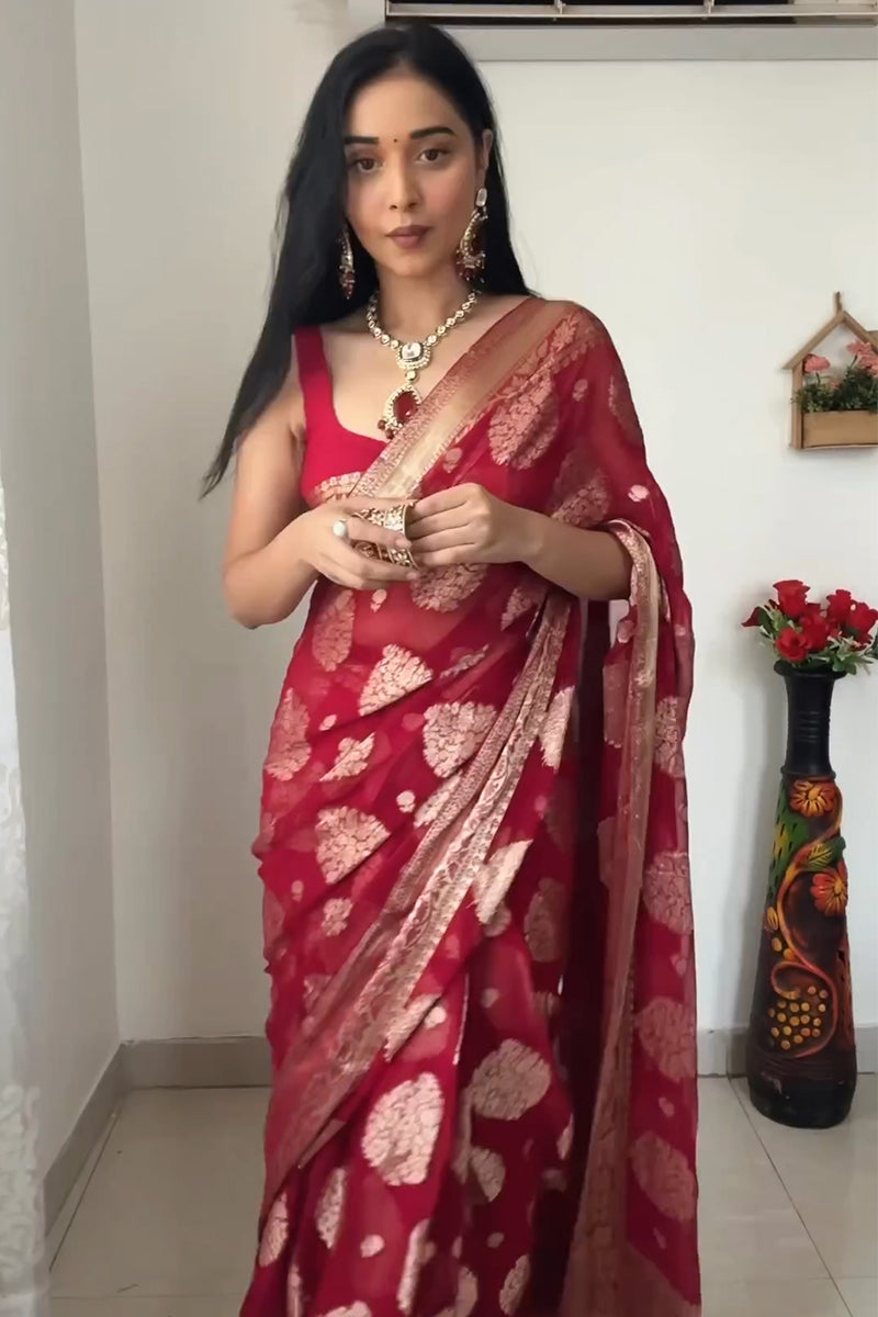 Mellifluous 1-Minute Ready To Wear Red Cotton Silk Saree