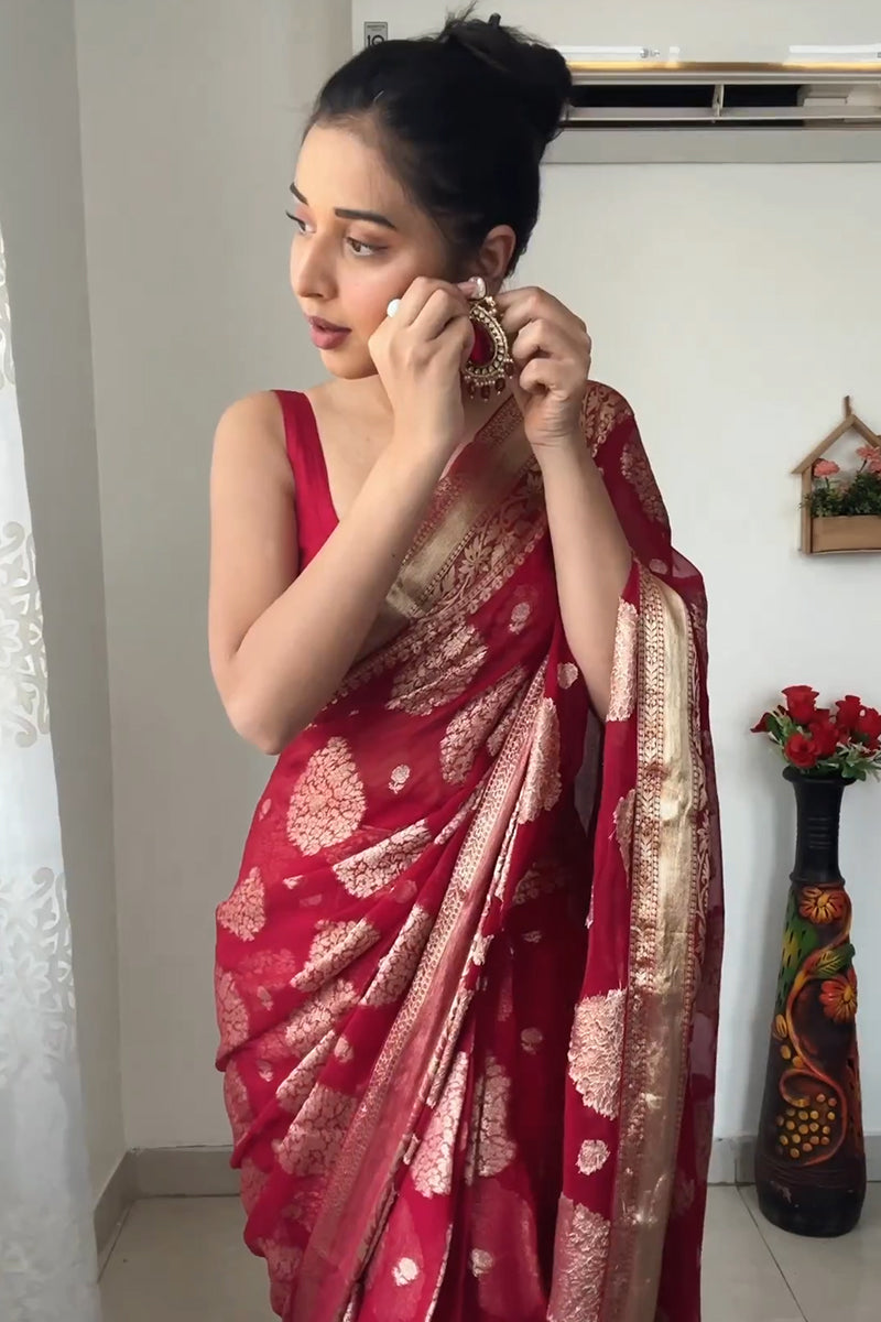 Mellifluous 1-Minute Ready To Wear Red Cotton Silk Saree