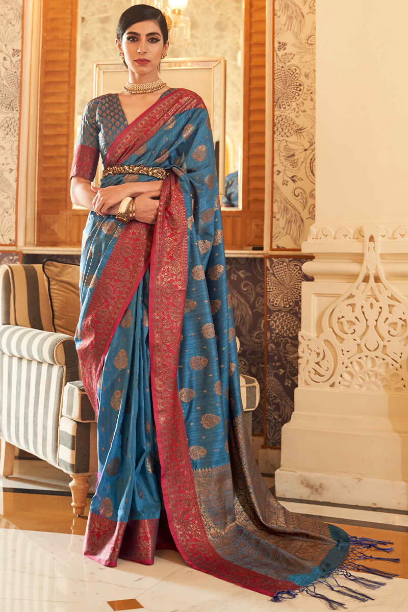 Adorable Blue Soft Banarasi Silk Saree With Inspiring Blouse Piece