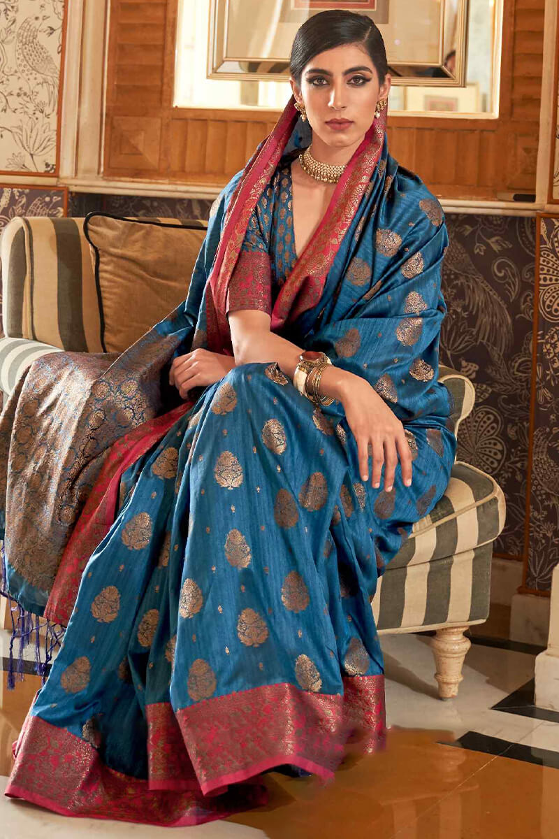 Adorable Blue Soft Banarasi Silk Saree With Inspiring Blouse Piece