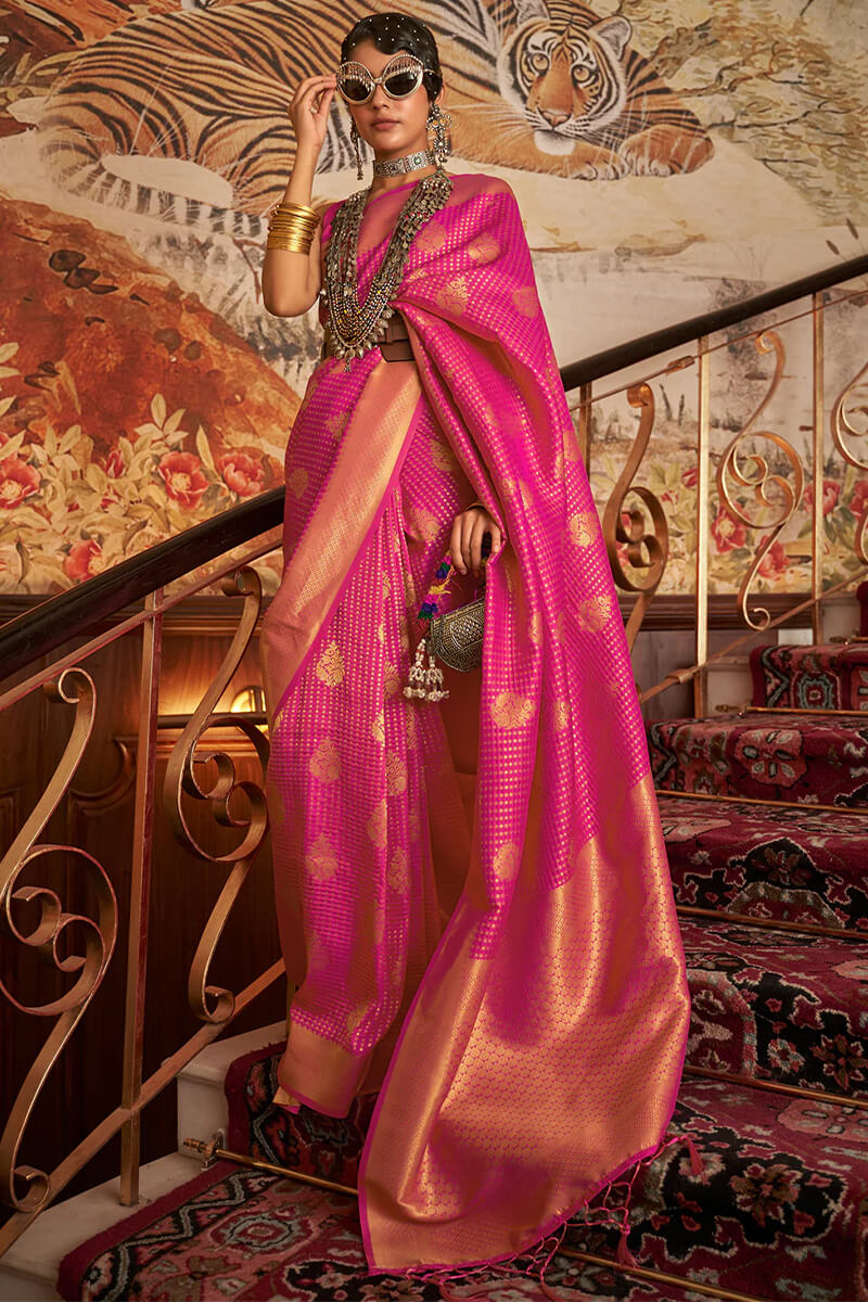 Radiant Dark Pink Kanjivaram Silk Saree with Stunner Blouse Piece