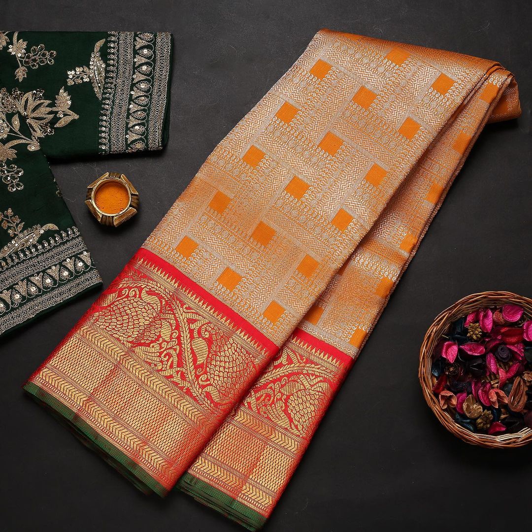 Ratatouille Orange Soft Banarasi Silk Saree With Two Enthralling Blouse Piece