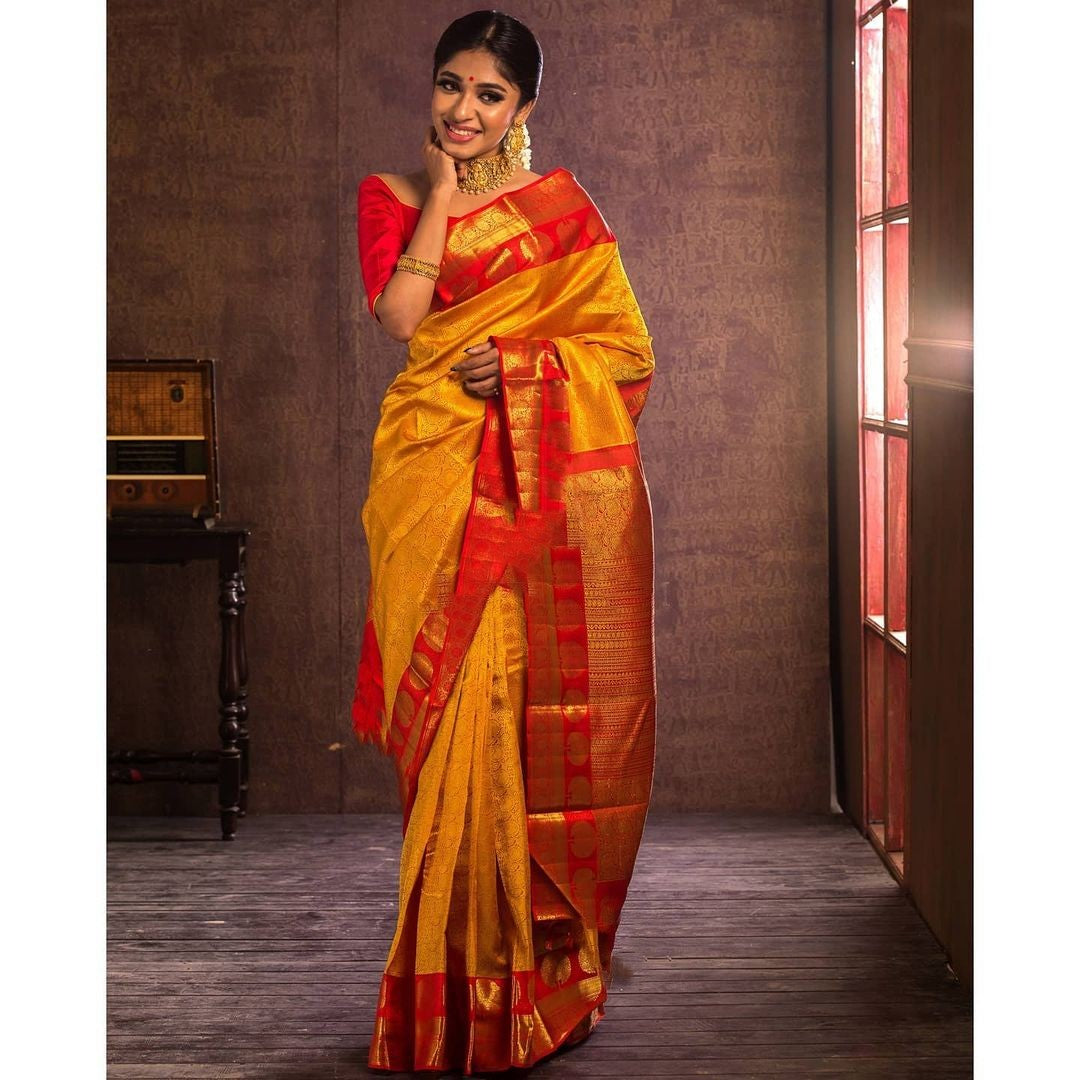 Desirable Yellow Soft Banarasi Silk Saree With Mellifluous Blouse Piece