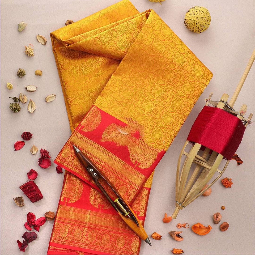 Desirable Yellow Soft Banarasi Silk Saree With Mellifluous Blouse Piece