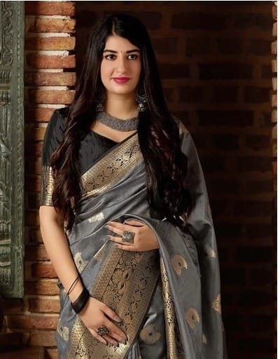 Fancifull Grey Banarasi Silk Saree With Prettiest Blouse Piece