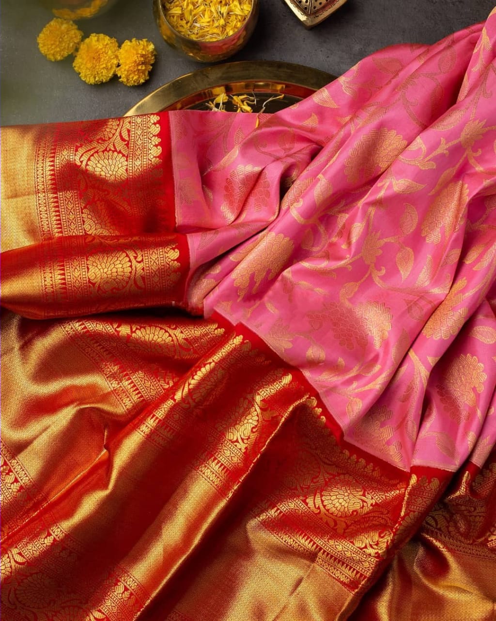 Pleasant Pink Soft Banarasi Silk Saree With Gossamer Blouse Piece