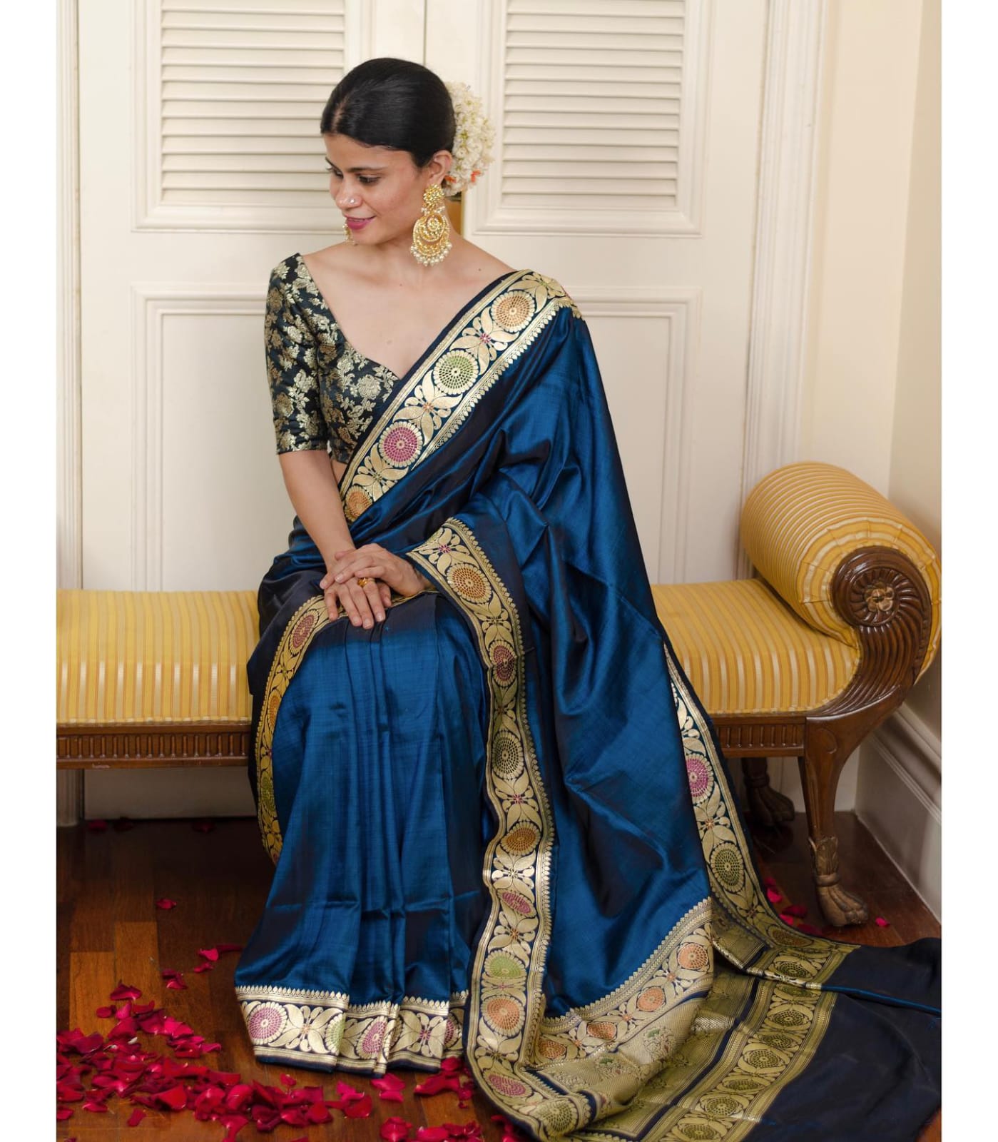 Arresting Navy Blue Soft Silk Saree With Diaphanous Blouse Piece