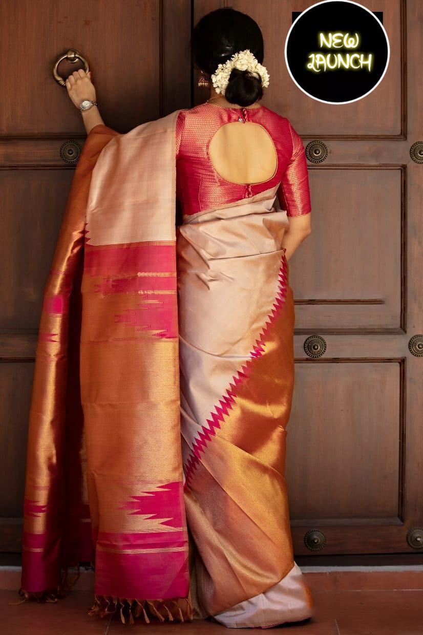 Vivacious Beige Soft Silk Saree With Majestic Blouse Piece