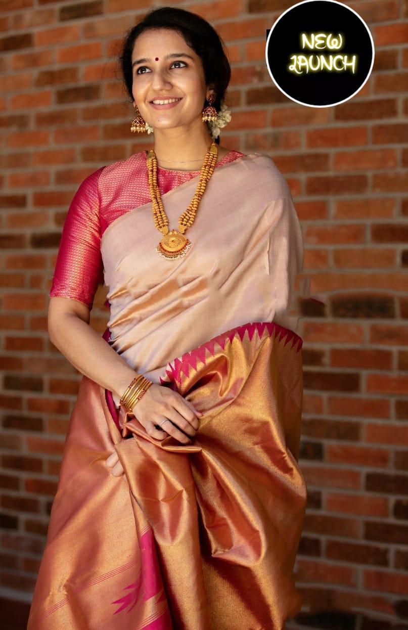 Vivacious Beige Soft Silk Saree With Majestic Blouse Piece