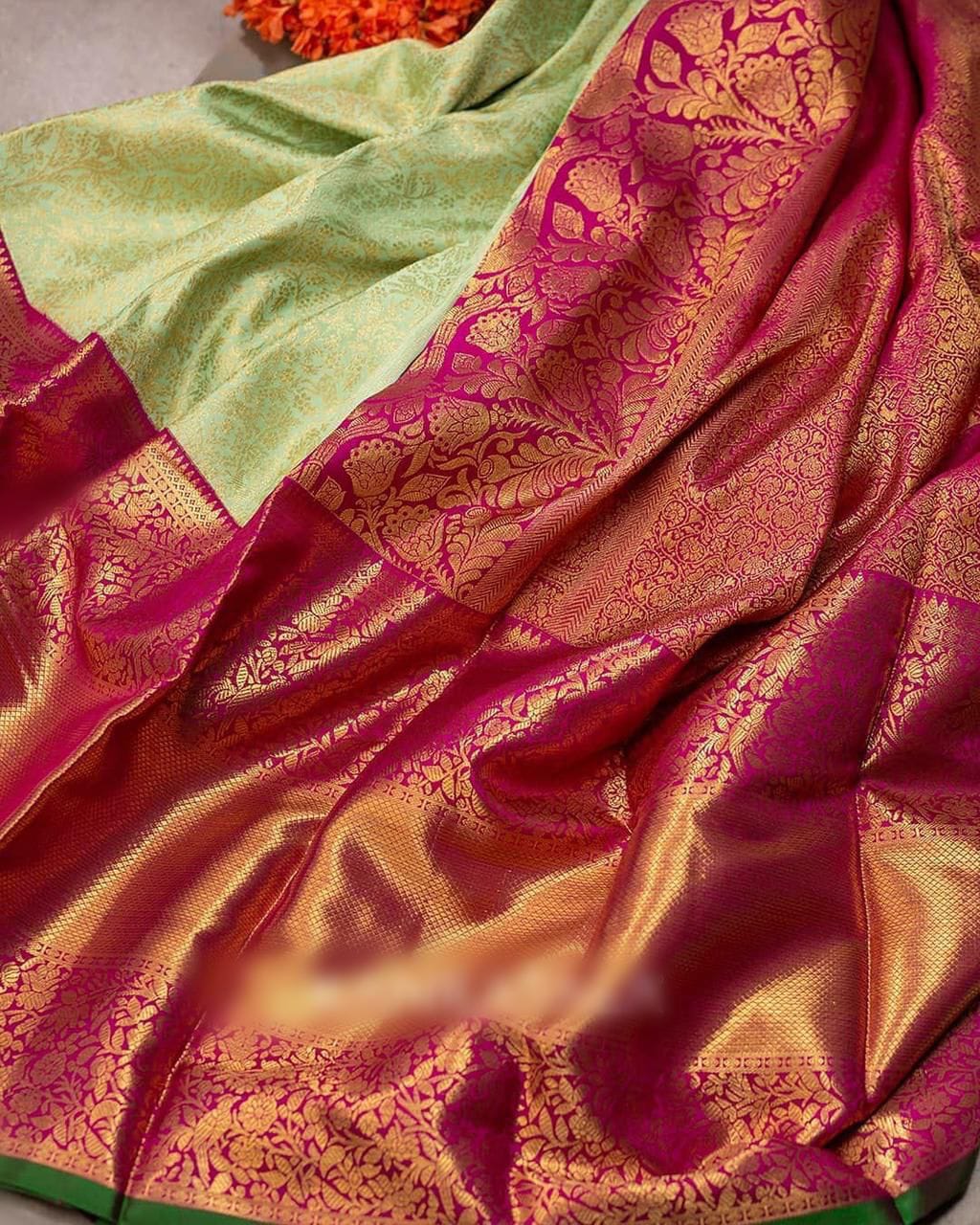 Eye-catching Pista Soft Banarasi Silk Saree With Comely Blouse Piece