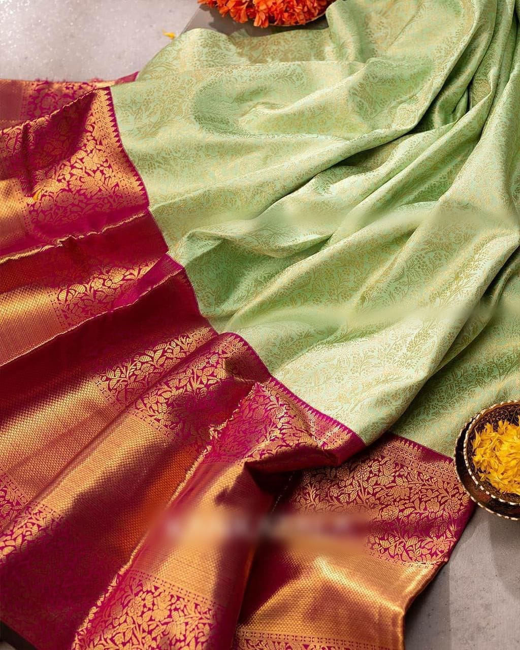 Eye-catching Pista Soft Banarasi Silk Saree With Comely Blouse Piece