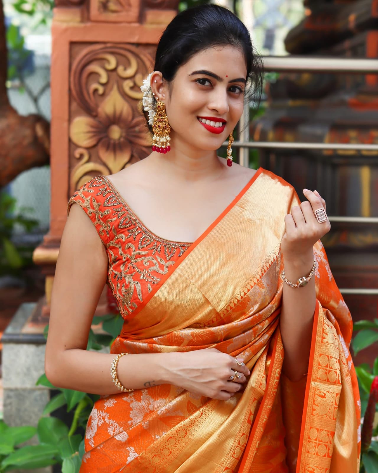 Groovy Orange Soft Banarasi Silk Saree With Eloquence Blouse Piece