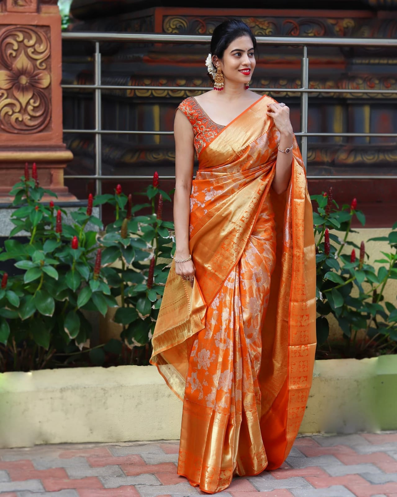 Groovy Orange Soft Banarasi Silk Saree With Eloquence Blouse Piece