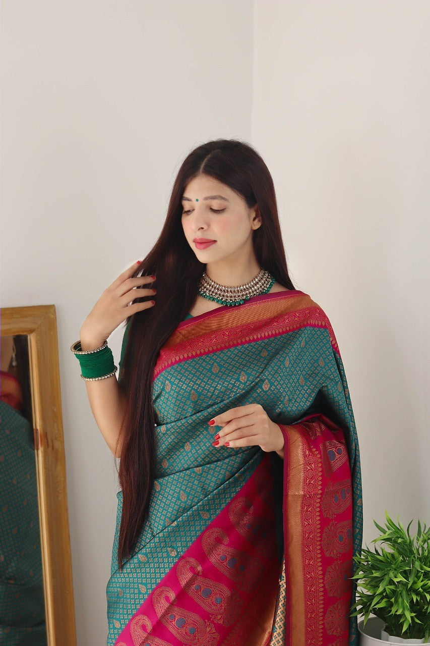 Stunner Rama Soft Silk Saree With A dreamy Blouse Piece