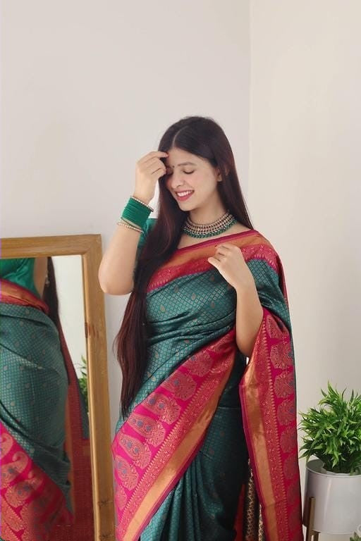 Stunner Rama Soft Silk Saree With A dreamy Blouse Piece