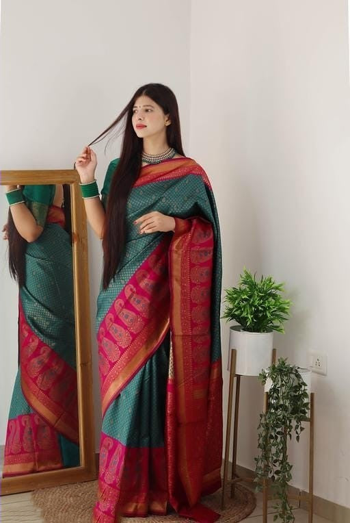 Stunner Rama Soft Silk Saree With A dreamy Blouse Piece