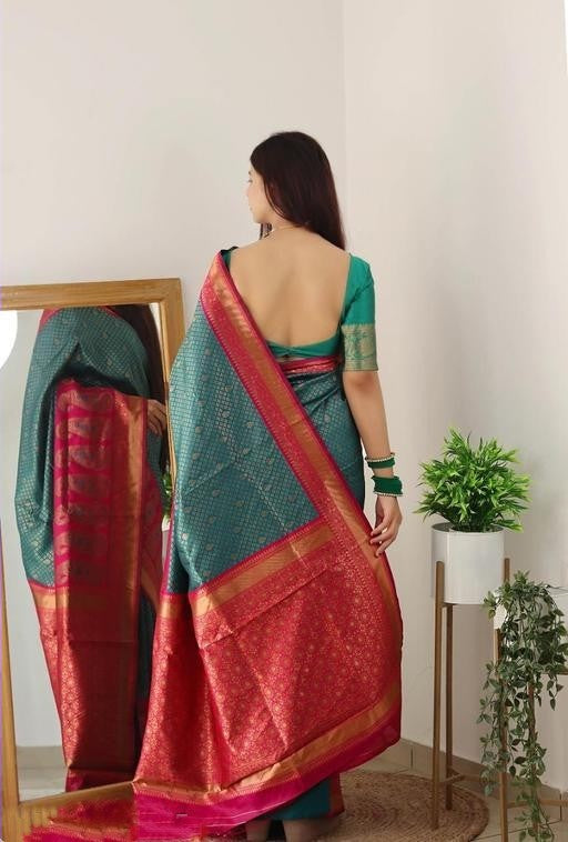 Stunner Rama Soft Silk Saree With A dreamy Blouse Piece