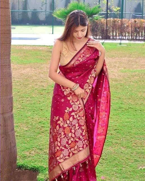 Gossamer Dark Pink Soft Banarasi Silk Saree With Supernal Blouse Piece