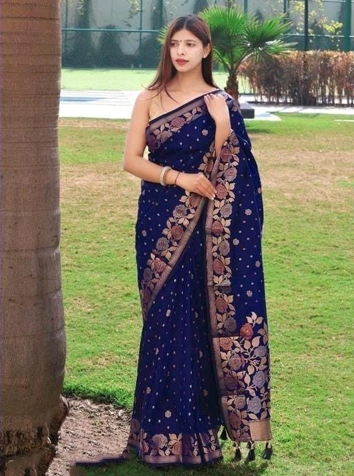 Denouement Navy Blue Soft Banarasi Silk Saree With Super Effulgent Blouse Piece