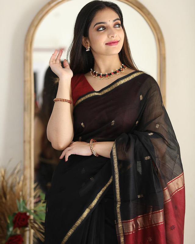 Phenomenal Black Cotton Silk Saree With Staring Blouse Piece