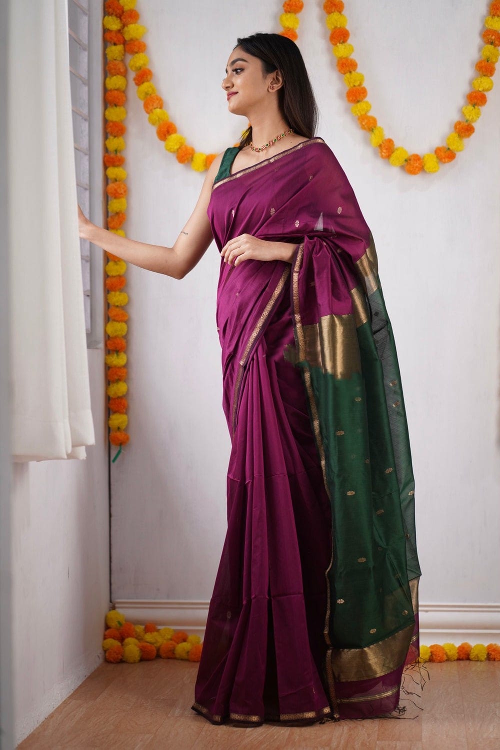 Magnificat Dark Pink Cotton Silk Saree With Brood Blouse Piece